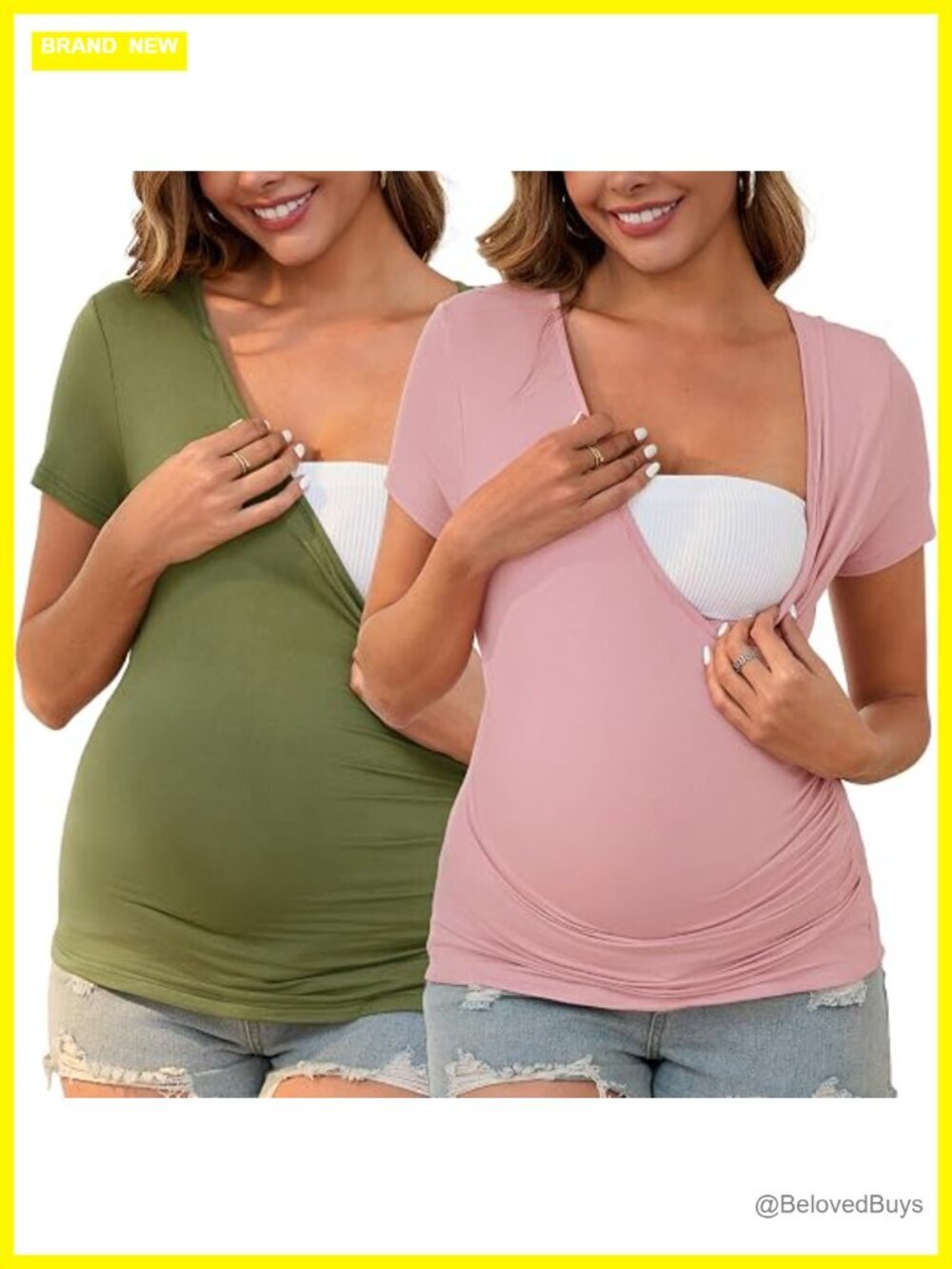 2 Pack Maternity Nursing Shirts Ruched Stretch V Neck Tops for Breastfeeding